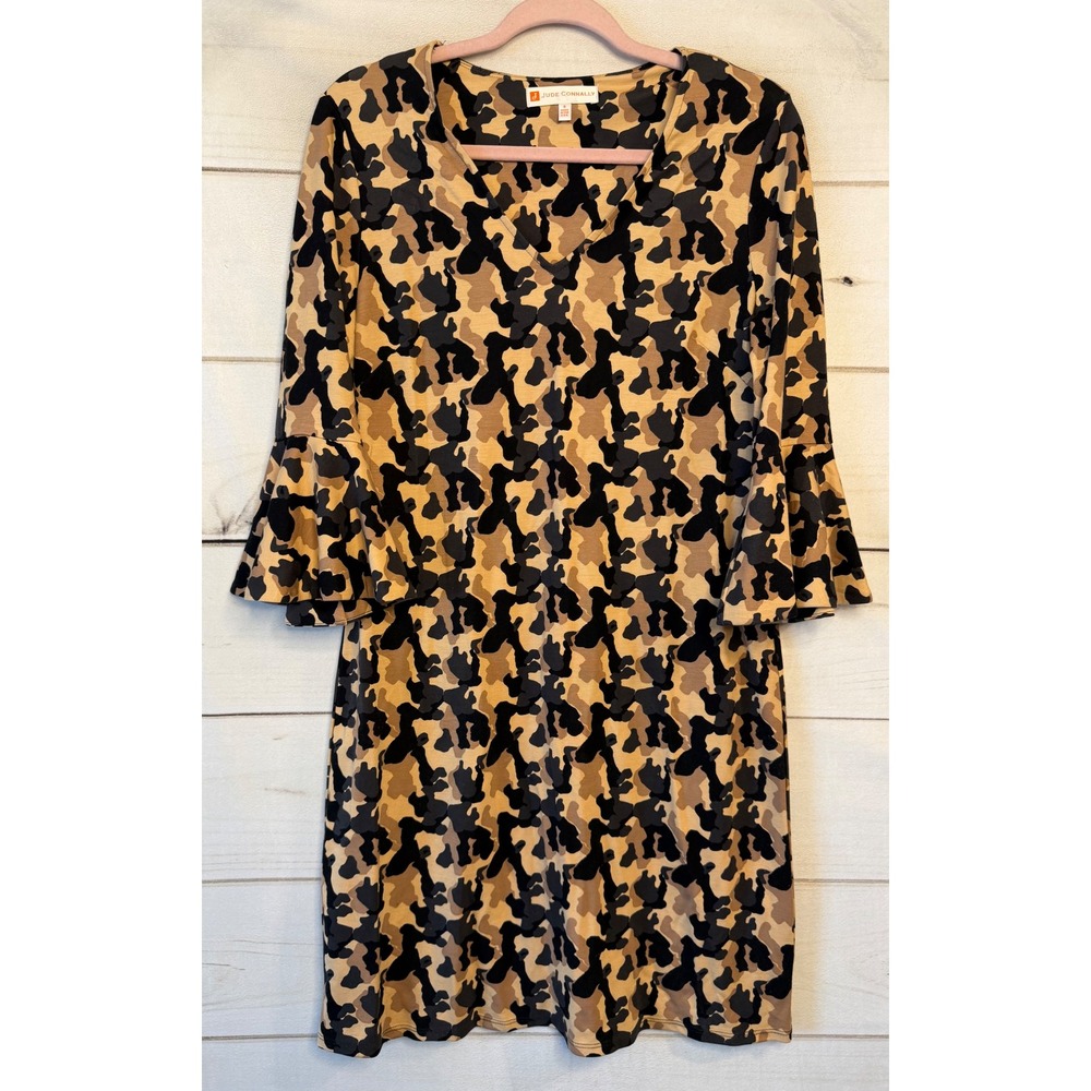 Jude Connally Womens Camo V-Neck Bell Sleeve Shift Dress Tan Black Size S
